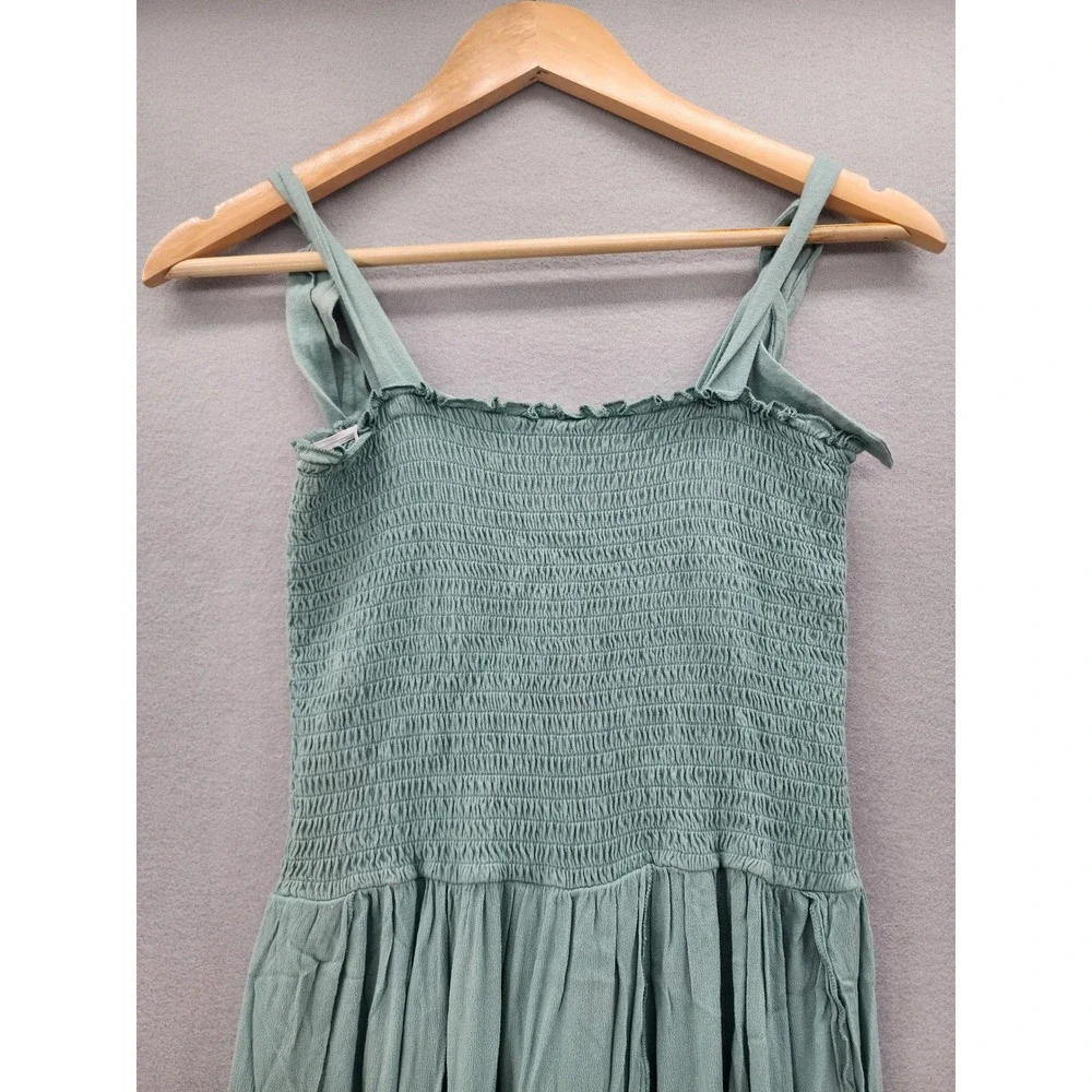 White Crow Sage Green Smocked Tie Strap Midi Dress Women Size Medium Boho Beachy - Picture 10 of 13